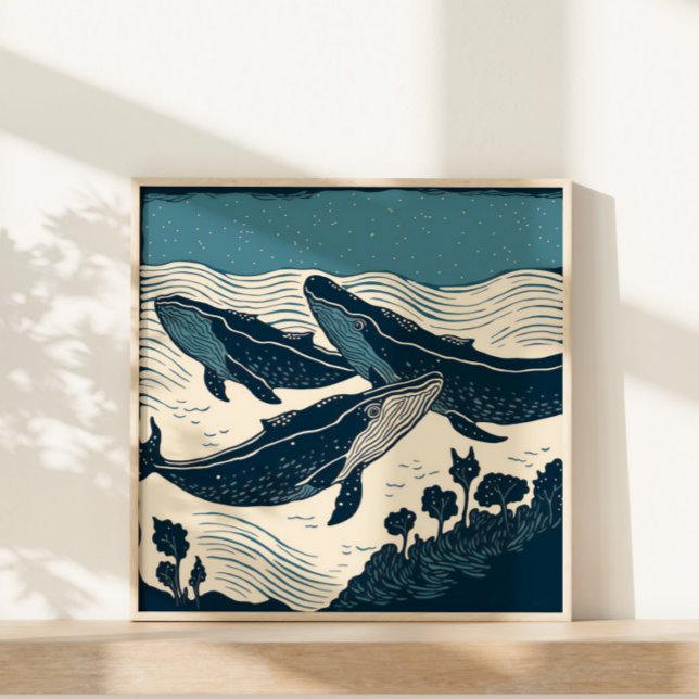 Affiche Baleines Océan Marin Nature Linocut Nouvelle-Écoss (A small print perfect for small spaces.)