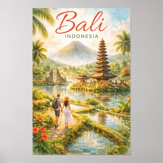 Affiche Bali Indonésie Aquarelle Voyage Tropical (Devant)