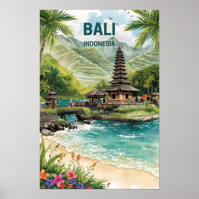 Affiche Bali Indonésie Aquarelle Voyage Tropical (Devant)