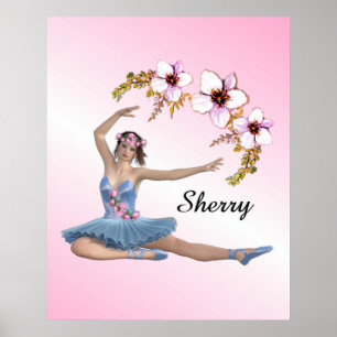 Affiche Ballerina en bleu Nom personnel Accent rose