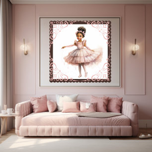 Affiche Ballerina noire, Tutu Rose, Bouton rose Floral