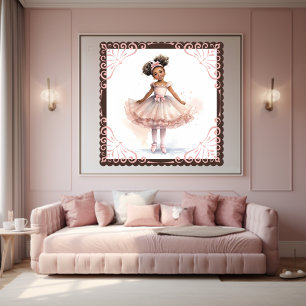 Affiche Ballerina noire, Tutu rose, Ponytails en ruban ros