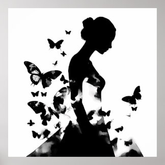 Affiche Ballerina & Papillons Silhouette Noir & Blanc