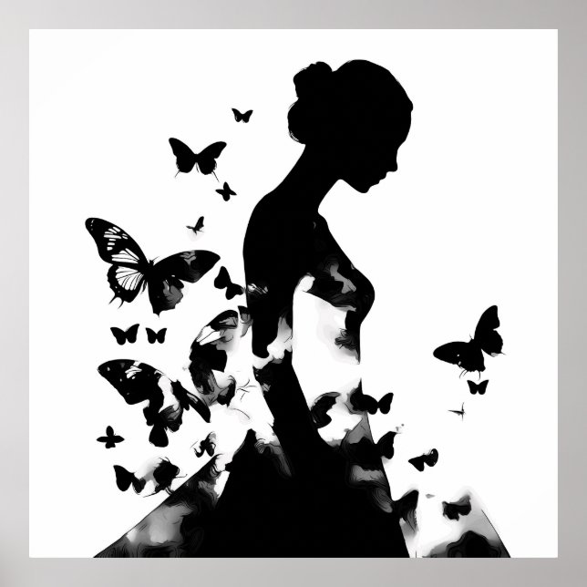 Affiche Ballerina & Papillons Silhouette Noir & Blanc (Devant)