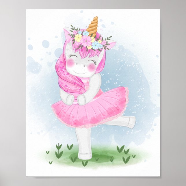 Affiche Ballerine à la licorne mignonne avec couronne de f (Devant)