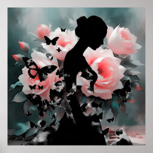 Affiche Ballerine et papillons d'art éthéré Noir/Rose