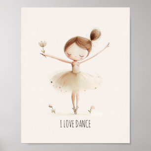 Affiche Ballerine Mignonne Ballet J'Aime Danse Aquarelle
