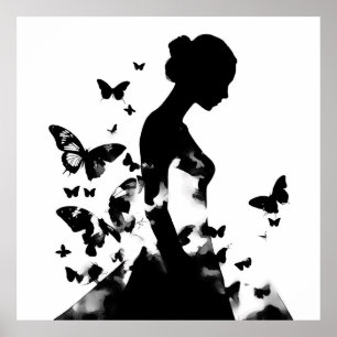 Affiche Ballerine & Papillons Silhouette Noir & Blanc 