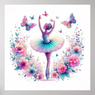 Affiche Ballet, papillons et fleurs