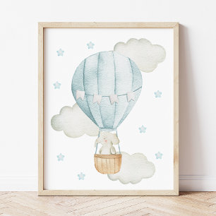 Affiche Ballon à air chaud bleu, éléphant, étoiles, nurser