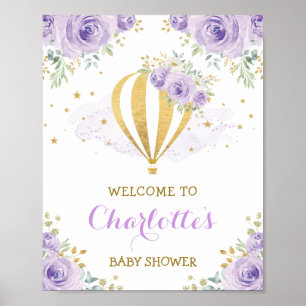 Affiche Ballon à Air Chaud Floral Or Pourpre Bienvenue Béb