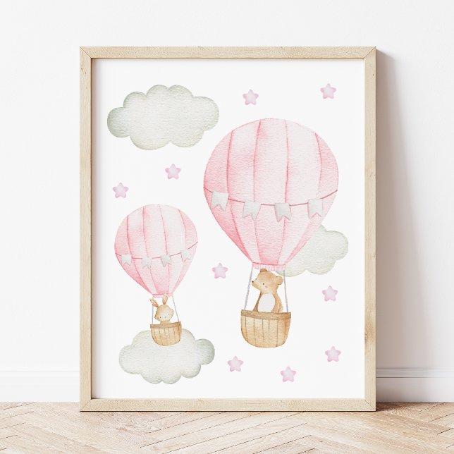 Affiche Ballon à Air Chaud Rose, Animaux Mignons, Chambre  (Créateur téléchargé)