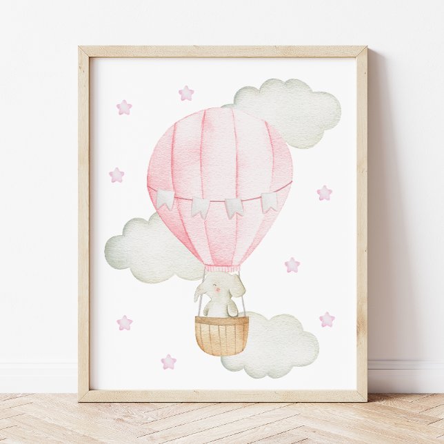 Affiche Ballon à Air Chaud Rose, Éléphant, Étoile, Nurseri (Créateur téléchargé)