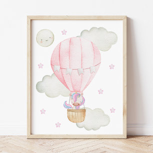 Affiche Ballon à Air Chaud Rose, Licorne, Étoiles, Chambre