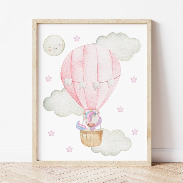 Affiche Ballon à Air Chaud Rose, Licorne, Étoiles, Chambre (Créateur téléchargé)