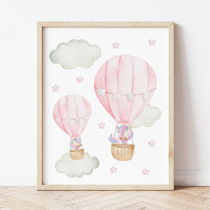 Affiche Ballon à Air Chaud Rose, Licorne, Étoiles, Chambre