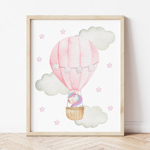 Affiche Ballon à Air Chaud Rose, Licorne, Étoiles, Chambre