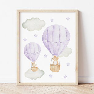 Affiche Ballon à air chaud violet, animaux, ours, lapin