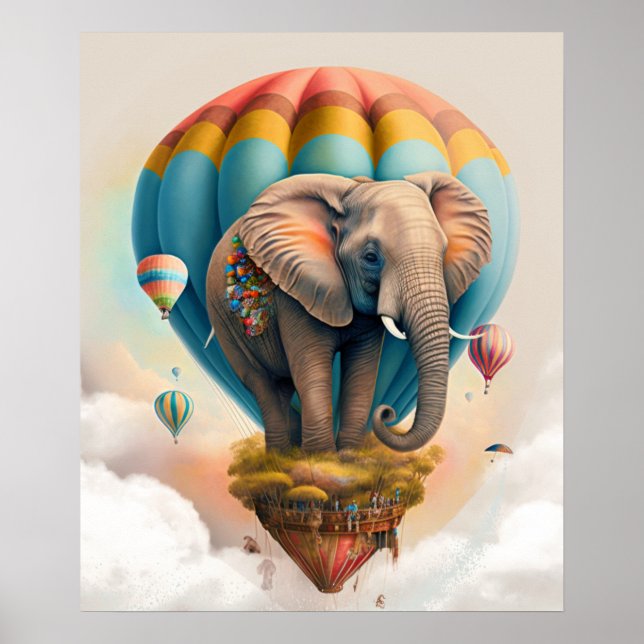 Affiche Ballons à air chaud Eléphant mignon animal Whimsic (Devant)