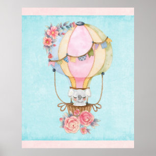 Affiche Ballons à air chaud mignon avec aquarelle à ours