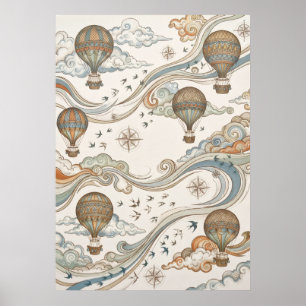 Affiche Ballons à Air Chaud Vintage Boussole Voyage Art