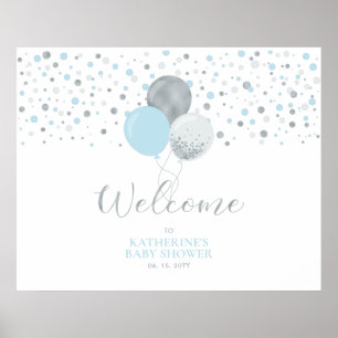 Affiche Ballons Argent et Bleu Clair Bienvenue à la Baby