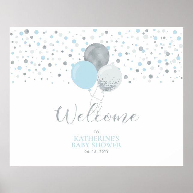 Affiche Ballons Argent et Bleu Clair | Bienvenue à la Baby (Devant)