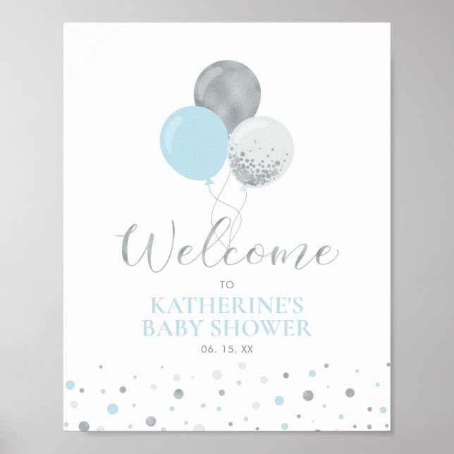Affiche Ballons Argentés et Bleus | Bienvenue à la Baby Sh (Devant)