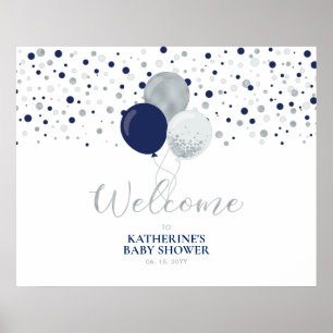 Affiche Ballons Argentés et Bleus Bienvenue Baby Shower Mo