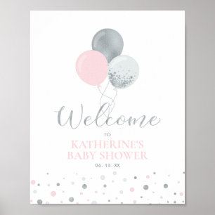 Affiche Ballons Argentés et Roses   Bienvenue à la Baby Sh