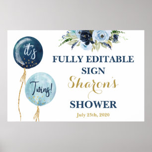 Affiche Ballons bleu marine baby shower Jumeaux jumeaux