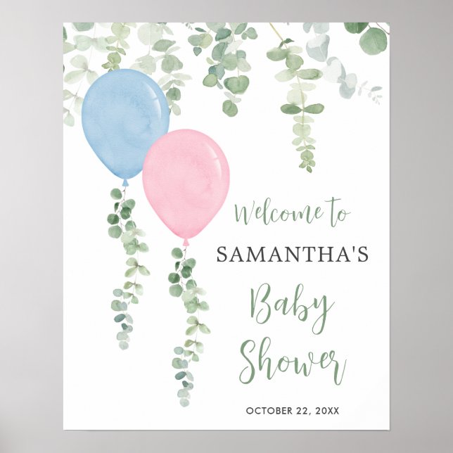 Affiche Ballons bleu rose baby shower signe de bienvenue (Devant)