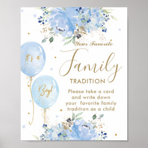 Affiche Ballons Bleus Floral Boy Tradition Familiale Favor