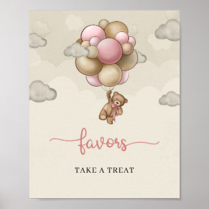 Affiche Ballons brun rose pour bébé fille ours faveurs sig