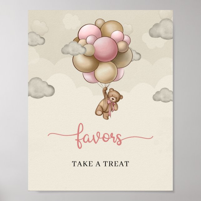 Affiche Ballons brun rose pour bébé fille ours faveurs sig (Devant)