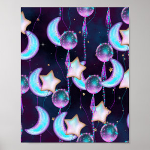 Affiche Ballons cosmiques   Blue Purple Moon Stars Planète