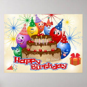 Affiche Ballons d'anniversaire amusants et gâteau au choco