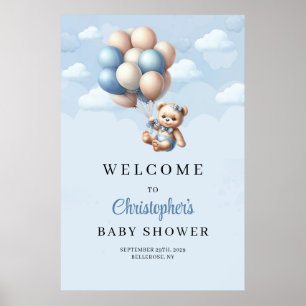Affiche Ballons de bébé ours mignons Baby shower garçon Bi