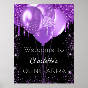 Affiche Ballons de bienvenue à paillettes noirs et violets