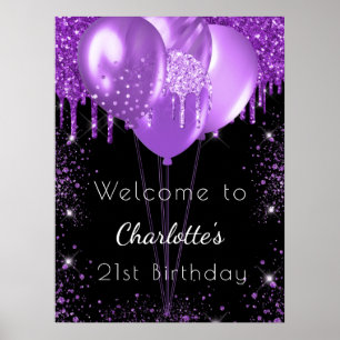 Affiche Ballons de bienvenue en noir et paillettes violett