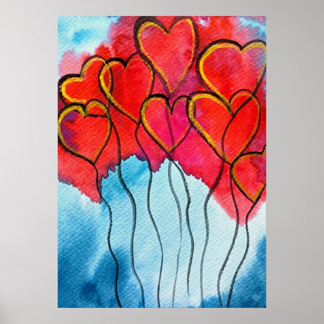 Affiche Ballons de coeur rouge Valentine aquarelle (Devant)