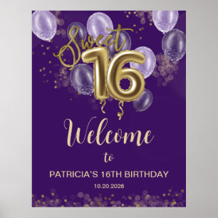 Affiche Ballons de fête des 16 ans Gold Sweet avec panneau