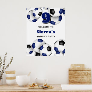 Affiche ballons de football noirs bleus pour l'anniversair