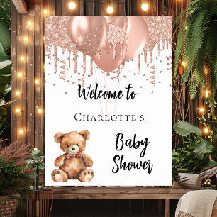 Affiche Ballons d'or rose ours en peluche baby shower bien