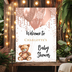 Affiche Ballons d'or rose ours en peluche baby shower bien