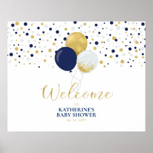 Affiche Ballons dorés et navy Fête moderne de bébé Bienven