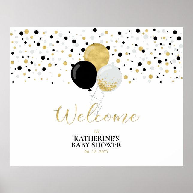 Affiche Ballons dorés et noirs Baby Shower Moderne Bienven (Devant)