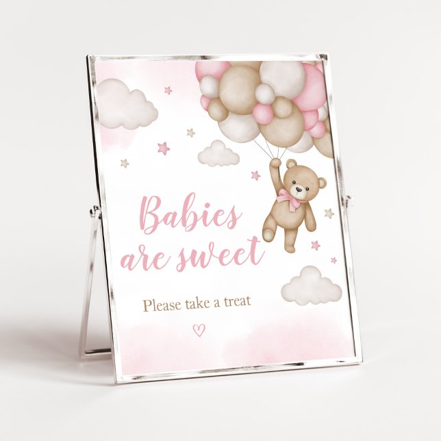 Affiche Ballons d'ours rose Baby shower Les bébés sont dou (Girl Bear Baby Shower Babies are Sweet Sign)