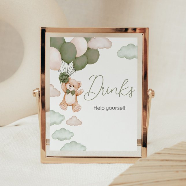 Affiche Ballons d'ours vert Bearly Wait Baby shower Boisso (Green Bear Balloon Baby Shower Drinks Sign)