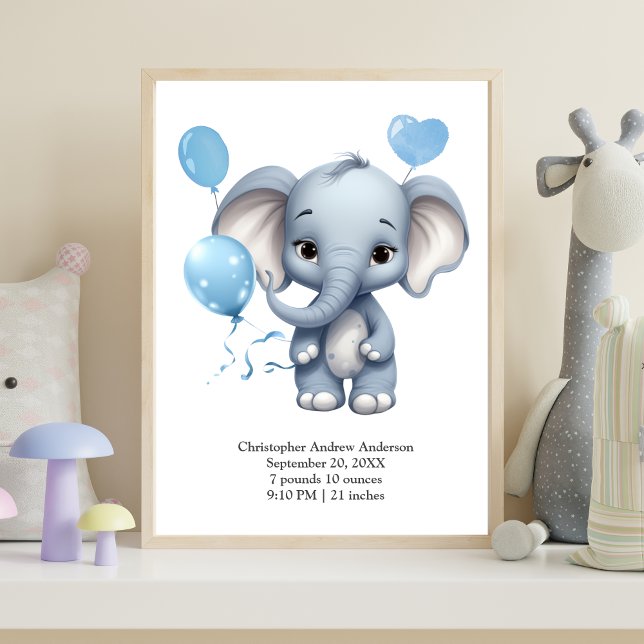 Affiche Ballons Éléphant Bleu Statistiques Naissance Garço (Blue Elephant with Balloons Baby Boy Nursery Wall Art Birth Stats Print)